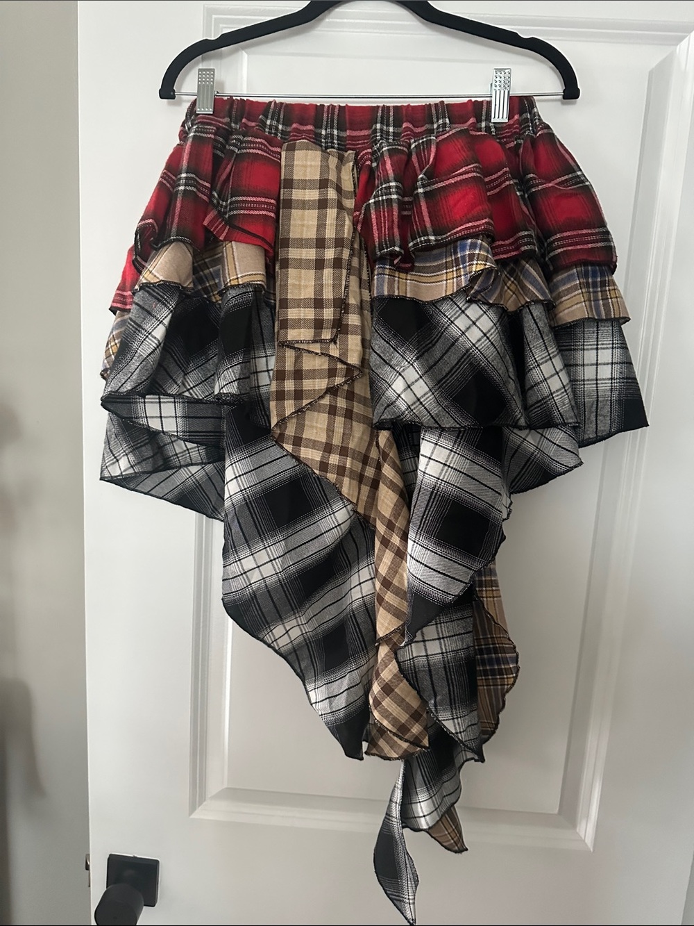 SHEIN Red Black Tan Plaid Asymmetrical Layered Ruffle Skirt